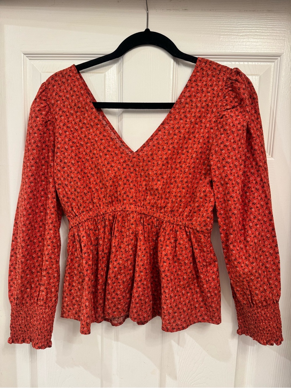 Madewell Red Floral V-Neck Smocked Peplum Blouse